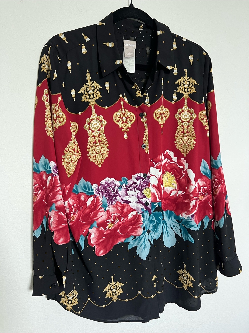 Chico's Floral Baroque Button-Up Blouse - Black & Red